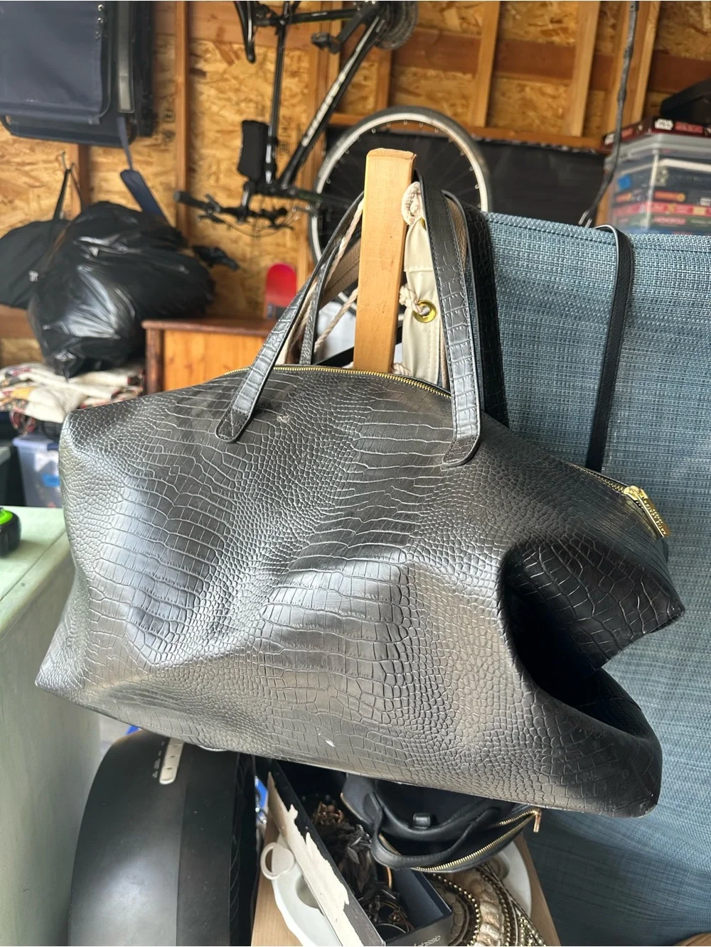 Black Croc-Embossed Weekend Tote